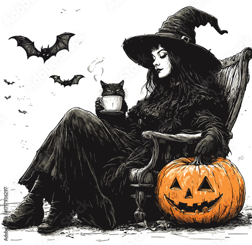 Witch Sitting Relaxing with Coffee.