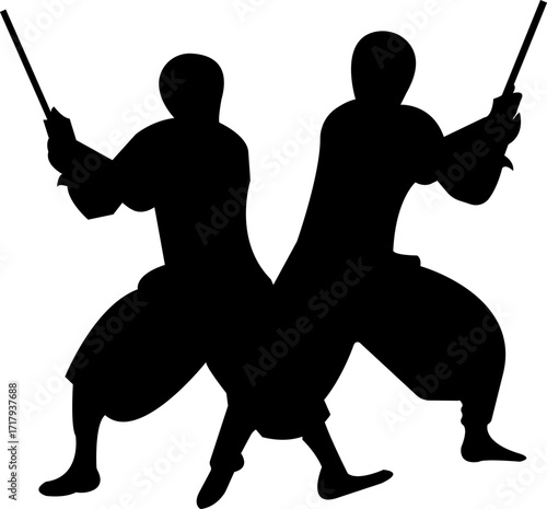 Shadow Warriors: Two silhouetted figures engage in a martial arts battle, wielding batons with focused intensity and capturing the essence of disciplined combat.