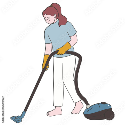 Young woman using vacuum cleaner to cleaning the dust