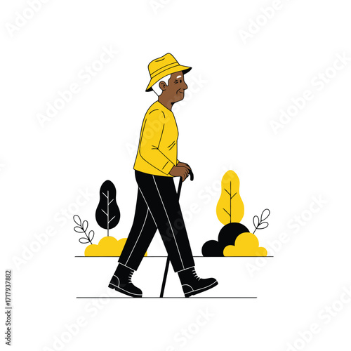 Vector art of elderly man with hat and cane walking in park