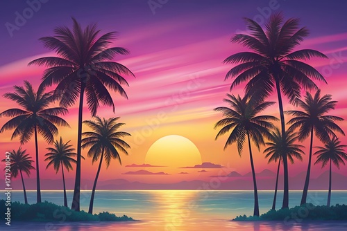 Vibrant tropical sunset over the ocean with silhouetted palm trees