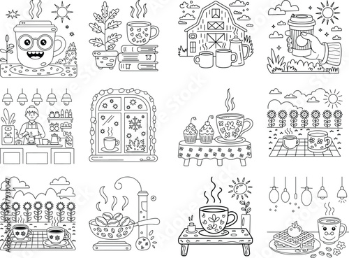 Fun line art coffee and cupcake scenes with happy characters for coloring Keywords: coffee, cup, mug, cupcake, muffins, line art, drawing, illustration, outline, coloring book, black and white