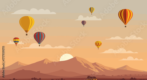 A vibrant flat design illustration capturing the majestic launch of hot air balloons against the backdrop of the Sandia Mountains during sunrise, showcasing the iconic Albuquerque International