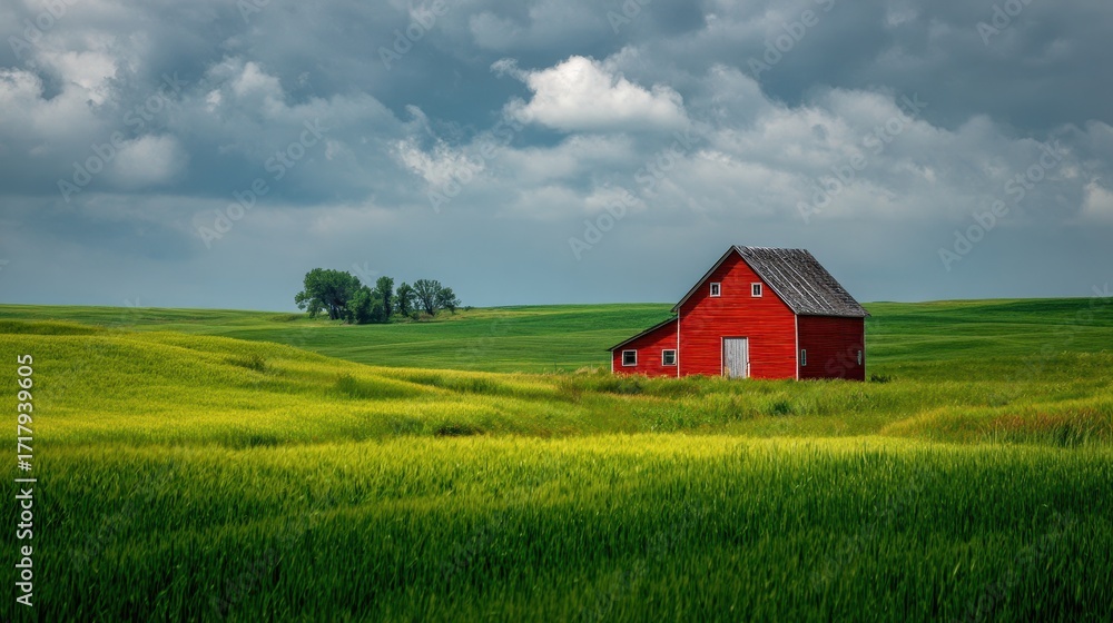 Obraz premium Iowa Spring. Rural Home in Green Grass Field under Blue Sky