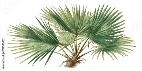 Palmetto Drawing. Botanical Illustration of Saw Palmetto Foliage for Naturopathy and Medicinal Extract