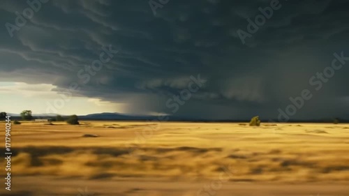 Dark storm clouds gathering over golden grassland landscape  
