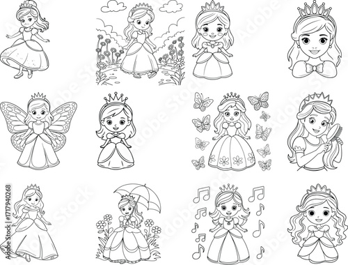 Diverse Princess Illustrations with Crowns, Dresses, Butterflies, and Musical Notes fairytale tiara