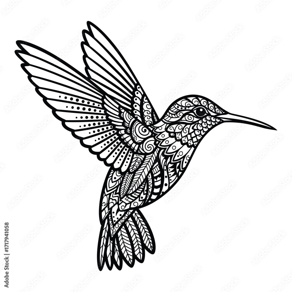 Obraz premium Intricate black and white hummingbird mandala design with detailed feather patterns silhouette