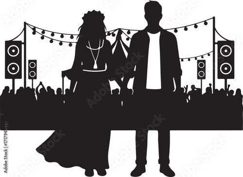 Solid black silhouette couple at festival holding hands