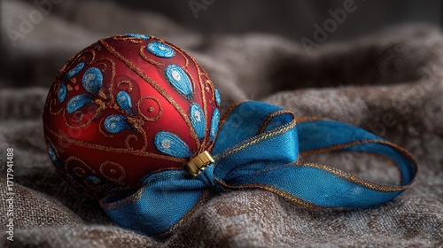 Text Ticker. Ornamented Red Christmas Ball with Blue Ribbon on Brown Background