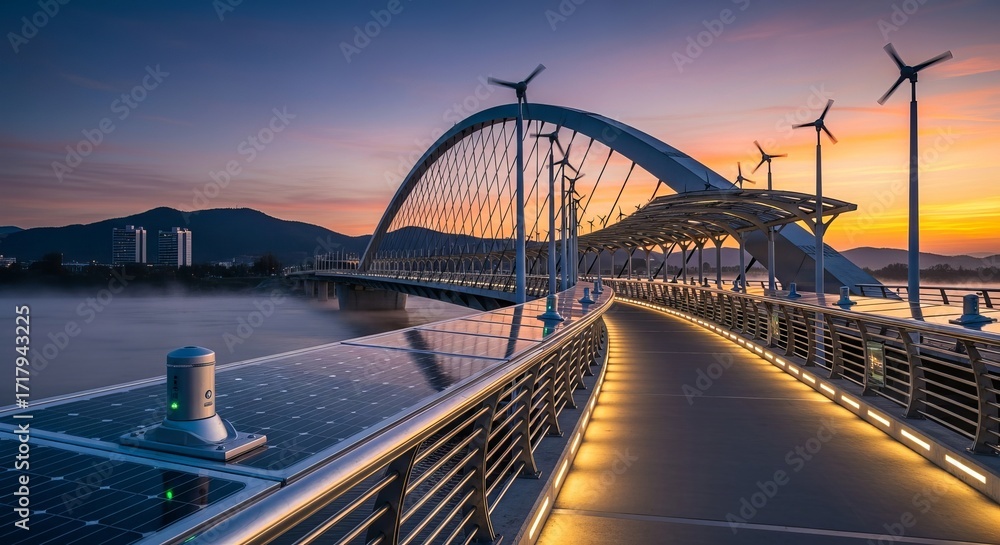 Naklejka premium Modern architectural bridge with renewable energy wind turbines and solar panels at sunrise an urban landscape view
