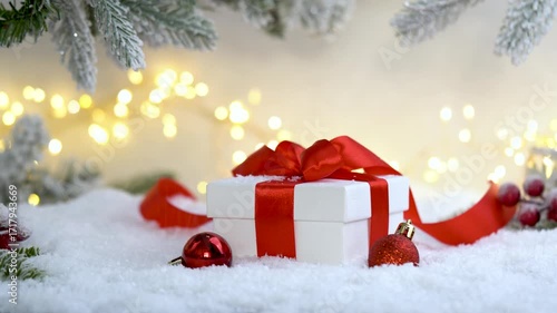 Christmas Holiday background with falling snow, fir tree gift box and decorations with christmas light behind. Christmas balls on a winter festive background.
