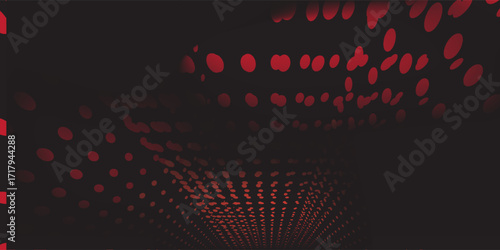 Fashion show runway with red lights on black background. Vector realistic illustration of long podium perspective illuminated with color floodlights, neon lamps glowing in smoke, catwalk design