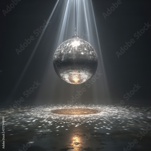 A classic silver disco ball hangs under spotlights, casting reflections on a dark, empty dance floor.
