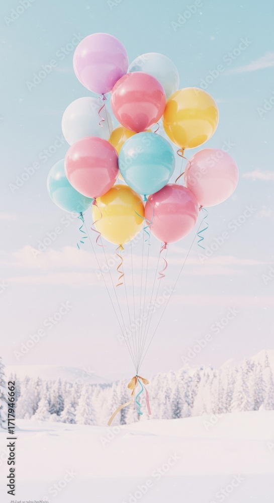Naklejka premium Pastel Balloons Floating Over a Snowy Winter Landscape
