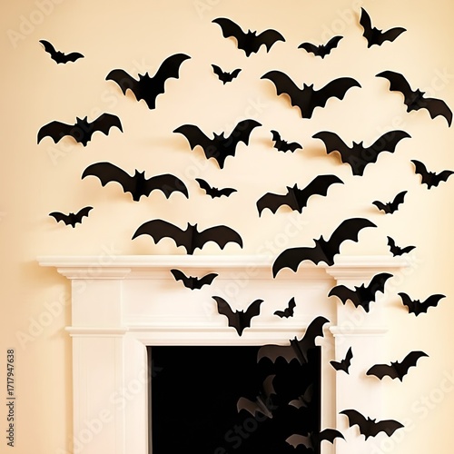 A dramatic swarm of black paper bats taped to a wall, appearing to fly out of a fireplace or doorway, creating a dimensional and spooky visual effect.