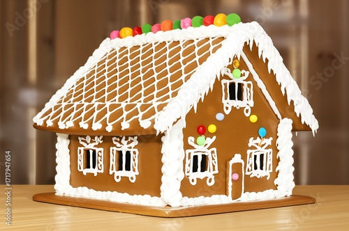 A festive gingerbread house, a beloved and popular sweet treat, delights visitors at a vibrant autumn fair, showcasing intricate icing and candy decorations.