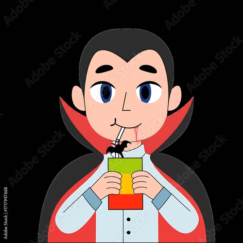 A friendly vampire sips a juice box of blood through a straw, accompanied by a tiny bat friend, creating a whimsical and slightly spooky scene.