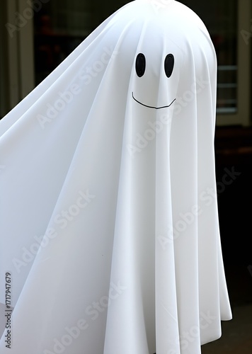 A friendly ghost decoration, crafted from a white sheet and balloon, gently billows in the wind with a simple, happy drawn face.