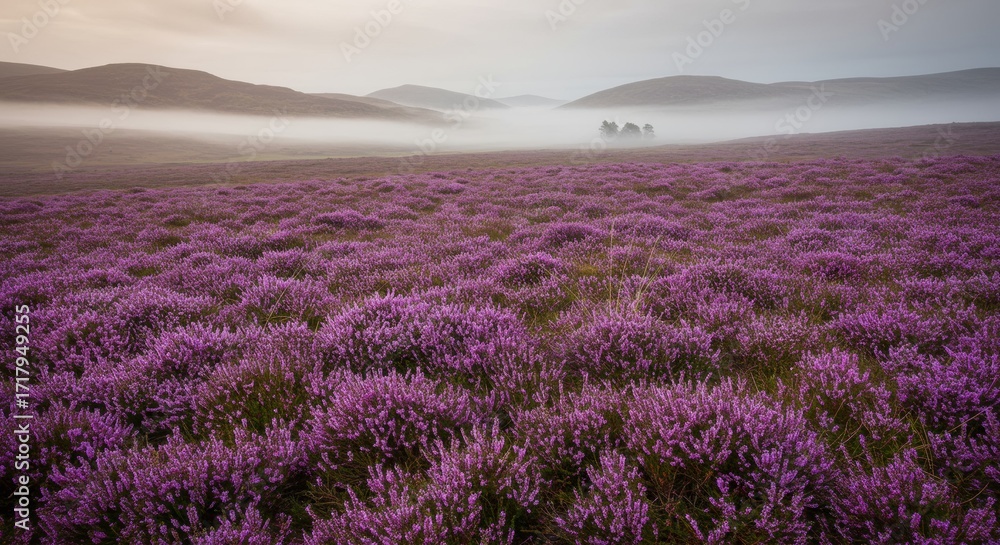 Obraz premium Misty Moorland Breathtaking Heather Landscape Photography