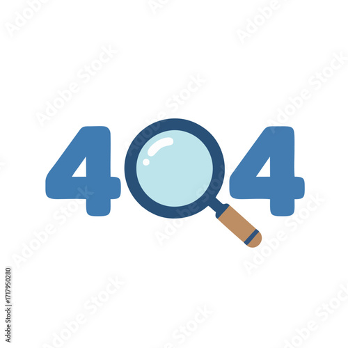 Playful 404 Logo With a Cartoon Magnifying Glass Replacing the Zero, Flat Design
