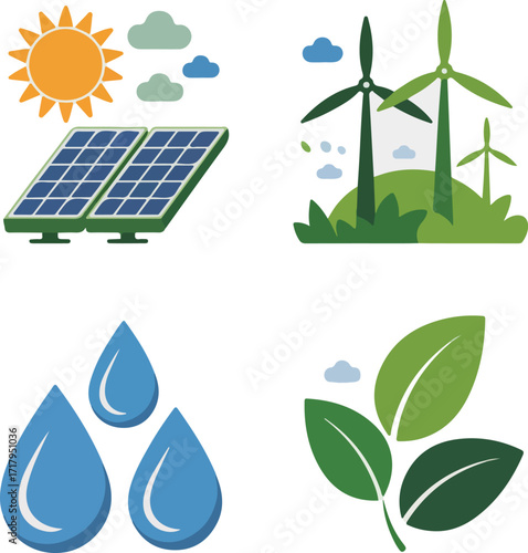 Solar panels and wind turbines generating renewable energy