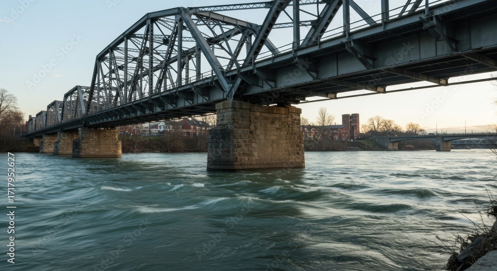 Fototapeta premium Steel Truss Bridge over River at Sunset