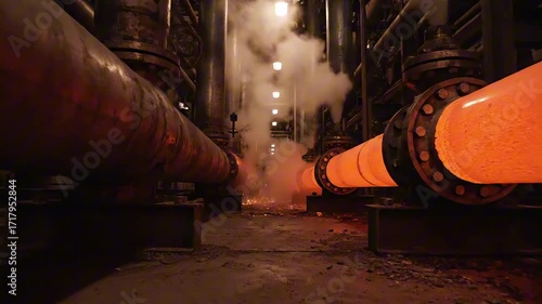 Incandescent red-hot industrial pipes glowing with intense thermal energy and releasing steam in a heavy manufacturing plant or power generation facility
