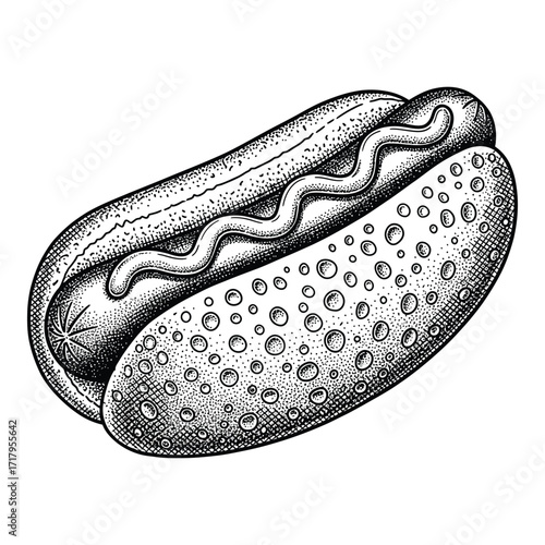 Classic hot dog sketch with mustard swirl hand-drawn food art for culinary designs silhouette