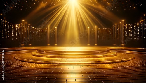 Golden stage lit by bright spotlights