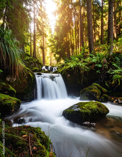 Wallpaper Mural Sunny waterfall cascading through mossy forest Torontodigital.ca