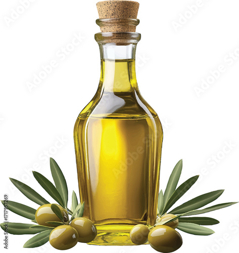 Glass bottle of golden olive oil with green olives and leaves on a white background liquid