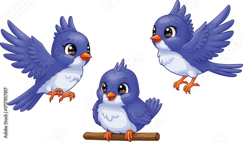 Cartoon blue birds illustration, flying birds with branch, playful animal drawing, cute wildlife artwork, children’s book design, educational animal clipart, decorative bird character art