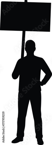 Silhouette person holding blank protest sign, activist figure with placard, demonstration concept, social justice awareness, freedom expression, advocacy message, political rally