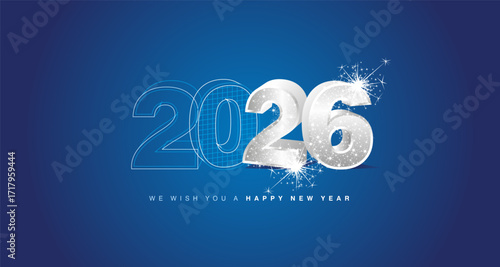 We wish you a happy new year 2026 eve. Architecture construction or mechanical engineering from line drawing to 3d silver model numbers of 2026 with sparkle firework on blue background