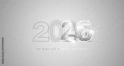 We wish you a happy new year 2026 eve. Architecture construction or mechanical engineering from line drawing to 3d silver model numbers of 2026 with sparkle firework on silver grey background