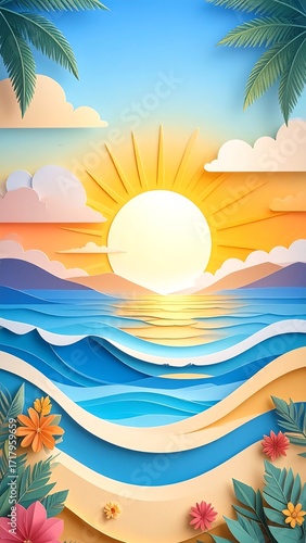 Wallpaper Mural Sunrise beach scene, paper cut art Torontodigital.ca