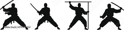Martial arts silhouettes, sword fighters, staff weapon pose, combat stances, warrior training, traditional discipline, black silhouette figures, fighting techniques, defense posture,
