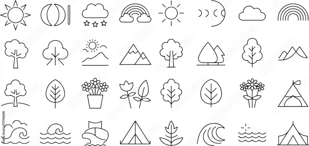 Fototapeta premium Colorful flat vector icon set of nature and outdoors elements, including sun icon, moon phases, cloud set, rainbow and more, clean vector outline, uniform thin stroke, modern design