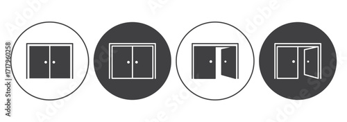 Door icons set. Open, close and ajar door. Doors collection. Opened entrance door set flat style.