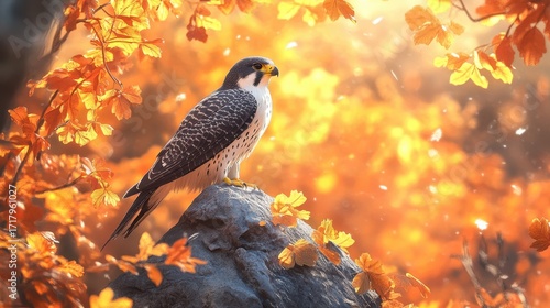 A Falcon perched on a rock, set against a vivid autumn background.