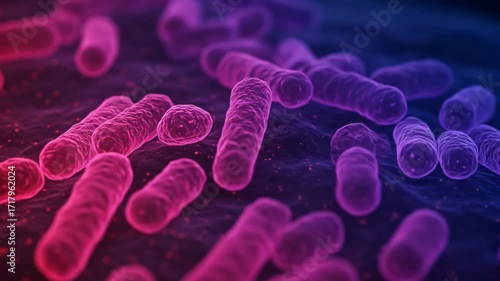 Microscopic View of Rod-Shaped Bacteria Cells in Vibrant Pink and Purple Hues