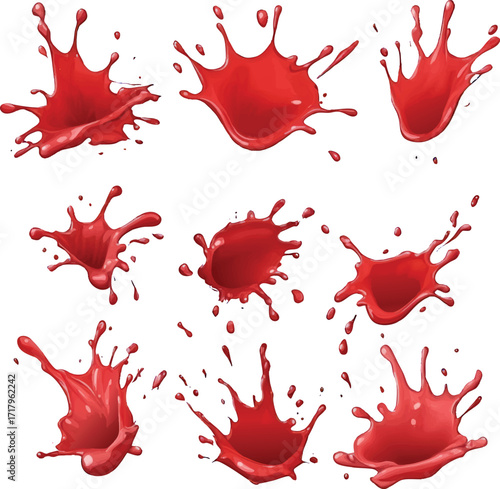 Nine Red Liquid Splashes and Droplets in Various Shapes on White Background paint