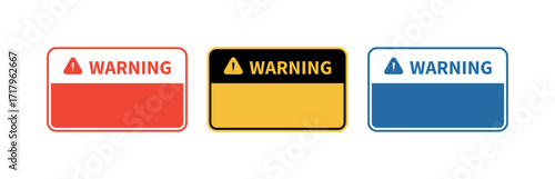 Warning Sign Icons, Red, Yellow and Blue Rounded Caution Labels with Exclamation Symbol, Flat Minimal Hazard Alert Badges
