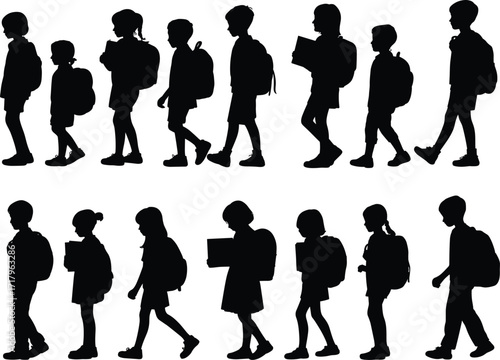 School children silhouette vector, walking kids illustration, backpack pose design, educational theme art, black figure concept, book carrying, white background