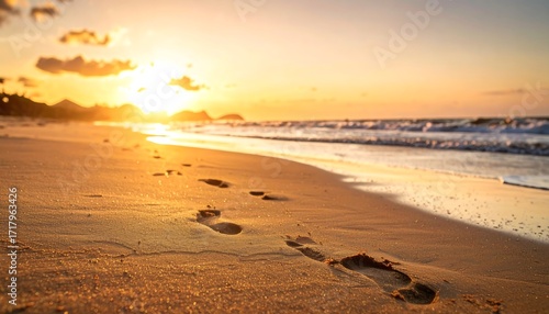 Wallpaper Mural Sunrise footprints on golden beach Torontodigital.ca