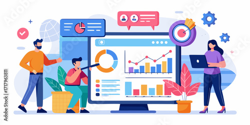 Team analyzing business data and financial charts on a computer screen with graphs and charts
