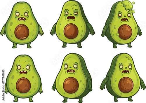 Zombie avocado characters with cartoon expressions, horror food concept, Halloween vector illustration, grotesque fruit design, creepy funny vegetable artwork.