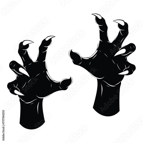Menacing black creature hands with sharp claws reaching out silhouette