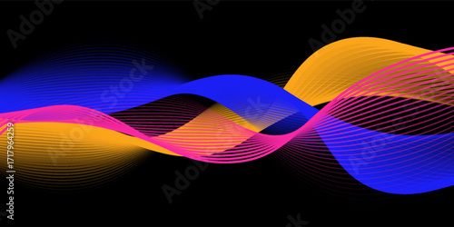 Smooth neon sound wave on black background. Abstract flowing wavy lines design for ai concept, eq equalizer, audio record, voice assistant. Yellow blue pink gradient curve stripe wallpaper. Vector